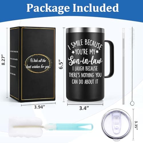 Lifecapido Son in Law Gifts, I Smile Because You’re My Son-in-law 20oz Insulated Coffee Mug, Birthday Christmas Gifts for Son in Law, Black