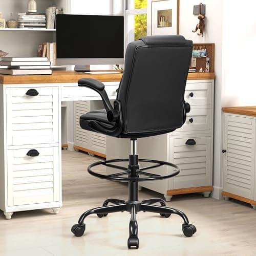 Drafting Chair,Tall Office Chair for Standing Desk,High Executive Leather Ergonomic Computer Chair with Adjustable Height and Flip-Up Armrest for Counter Height Desk,Black