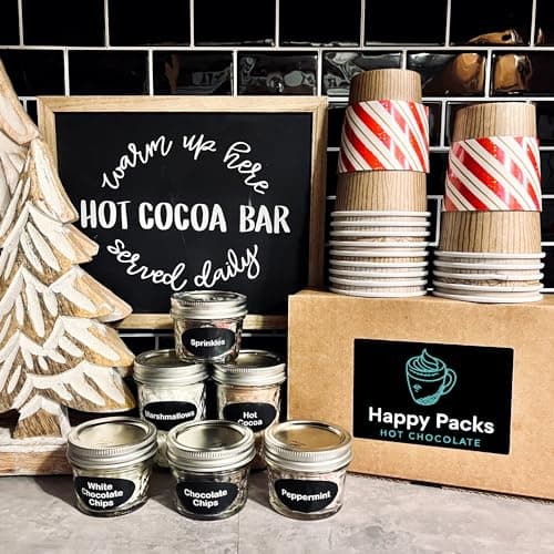 Hot Cocoa Bar Kit by Happy Packs, Includes Hot Cocoa Mix, Mini Marshmallows, Crushed Peppermint Candy, Chocolate Chips, White Chocolate Chips & Christmas Sprinkles, Premium Hot Chocolate Gift Sets
