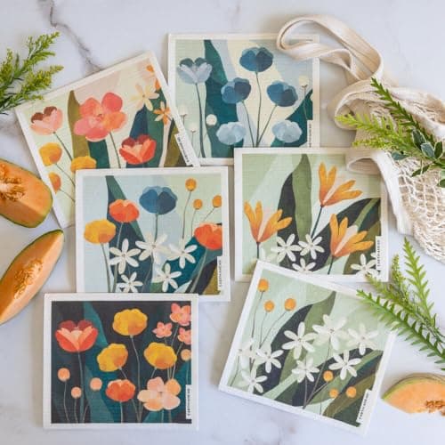 Floral Swedish Dishcloths 6-Pack – Reusable Eco-Friendly Cleaning Cloths in Plantable Packaging, Ultra-Absorbent Kitchen Sponge Cloth Gift Set.