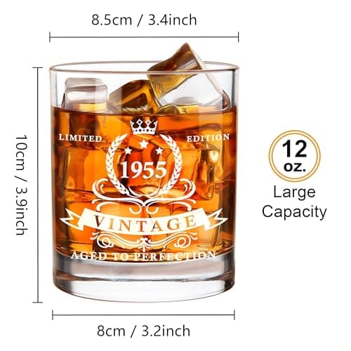 LIGHTEN LIFE 70th Birthday Gifts for Men 12 oz,1955 Whiskey Glass in Valued Wooden Box,70th Birthday Bourbon Glass for 70 Years Old Dad,Husband,Friend,70th Bday Gift Ideas