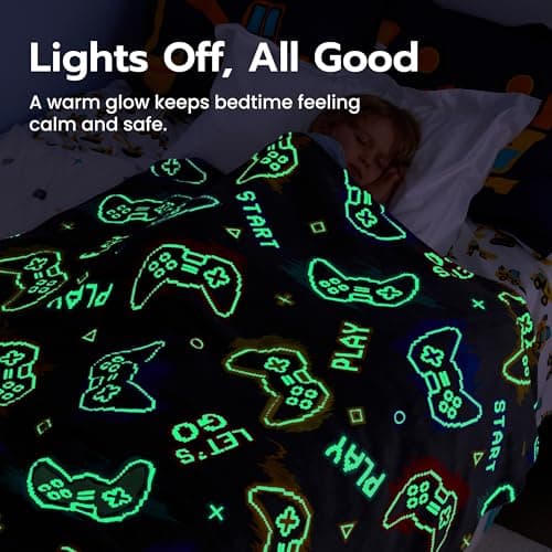 Joiedomi Glow in The Dark Gaming Blanket Gamer Gifts for Boys Age 2 3 4 5 6 7 8 9 10 11 12 Year Old, Soft Cozy Flannel Kids Throw Blanket, Birthday Bedroom Decor Grey 50"×60"