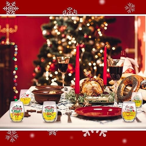 Funtery 6 Pcs Christmas wine Stemless Glass Funny Christmas Gift Set for Teacher Men Women Family Friend Coworker, Gift Ideal Birthday Wedding Party Supplies(Novel Style)