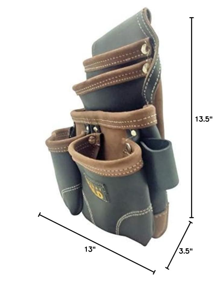 LEATHER GOLD Nail Pouch | Leather Tool Pouch 3150DP, 5 Pockets, Black, Oil-Tanned Leather, Heavy Duty Carpenter Tool Belt with Reinforced Seams and 2 Snap Loops