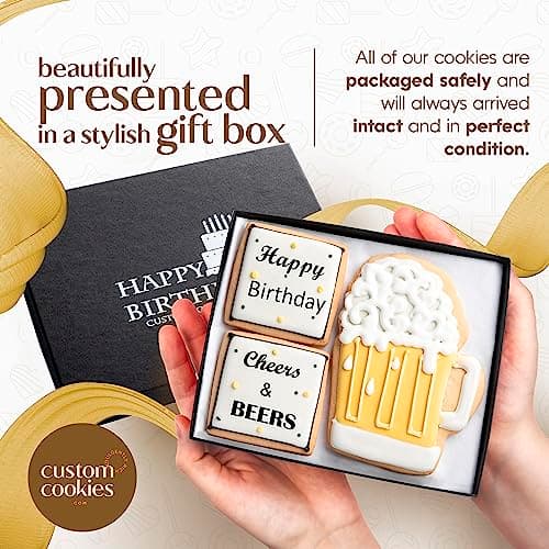 Happy Birthday Gift Basket Custom Sugar Cookies - Happy Birthday Cookies in Gift Box, delivery by Prime - Hand Decorated Kosher Treats for Men, Him, Husband - Bakery & Dessert Gifts as a Birthday Cake