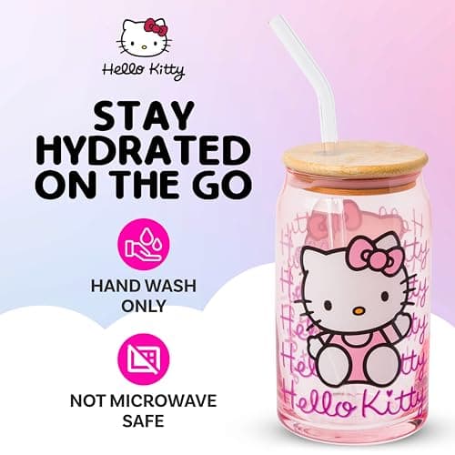 Silver Buffalo Sanrio Hello Kitty Waving Pink Glass Jar Tumbler with Bamboo Lid and Glass Straw, 16 Ounces