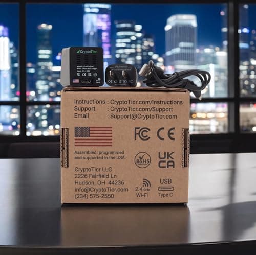 Bitcoin Ticker - Real-Time Crypto Price Display (1.54" Diagonal) for Top 1,000 Coins Like Bitcoin, Ethereum, Dogecoin, and 997 more. Compact Size, Ideal for Desk or Nightstand. Uses Wi-Fi.