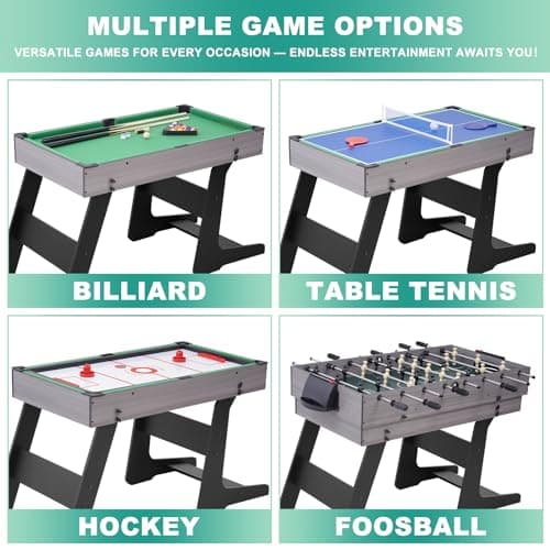 RAYKEEP Foldable Multi Game Table, 4-in-1 Combo Game Table Set with Ping Pong, Hockey, Pool Billiards and Foosball for Adults, Home, Game Room, Friends & Family