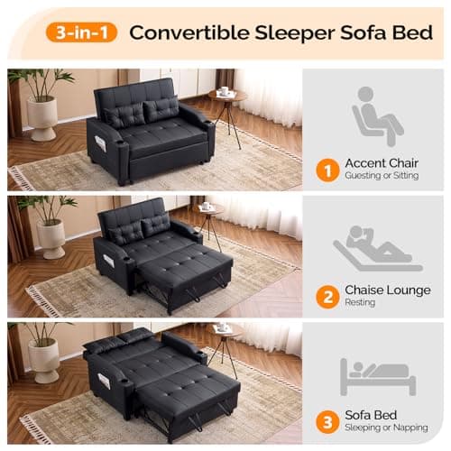 VINGLI Convertible Loveseat Sleeper, Black Faux Leather Futon Sofa Bed Pullout Couch Bed with USB Ports, Cup Holders, Armrest for Living Room, Bedroom, Home Office Apartment