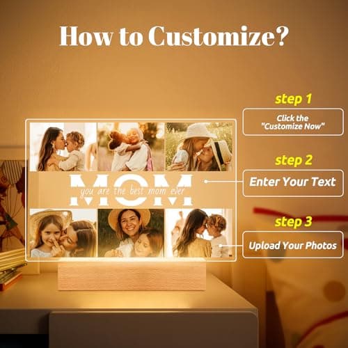 Personalized Gifts for Mom from Daughter Son, Custom Picture Frames with Photos, Customized Photo Frame with Night Light, Personalized Christmas Birthday Gifts for Mom Baby Kids Family