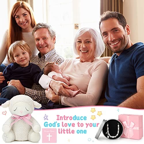 Haull 5 Pcs Christening Baptism Gifts Charms for Girls Granddaughter/Daughter Include 8.5 Inch Plush Lamb Toy Doll Pray Card with Gift Box Baptism Pearls Bracelet with Keepsake Box for Baby Shower