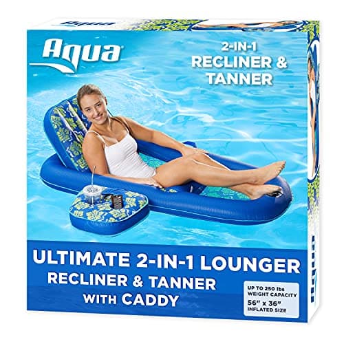 Aqua Campania Ultimate 2-in-1 Pool Float Lounge – Extra Large – Inflatable Pool Floats for Adults with Adjustable Backrest & Cupholder Caddy