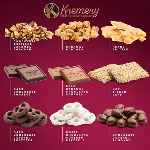 KREMERY Creamy Chocolate Cravings - Holiday Christmas Chocolate Covered Pretzels & Caramel Popcorn Gift Basket, in Seagrass Tray + Ribbon (Deluxe, 3.5 lbs) Xmas Treats Food Arrangement, Kosher