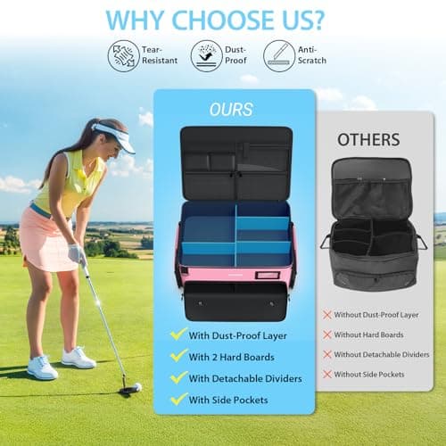 4-Layer Golf Trunk Organizer, Golfer Gifts for Women with Separate Ventilated Compartment for 2 Pairs Shoes, Waterproof Car Golf Locker Storage Bag for Golf Gear and Accessories,Pink