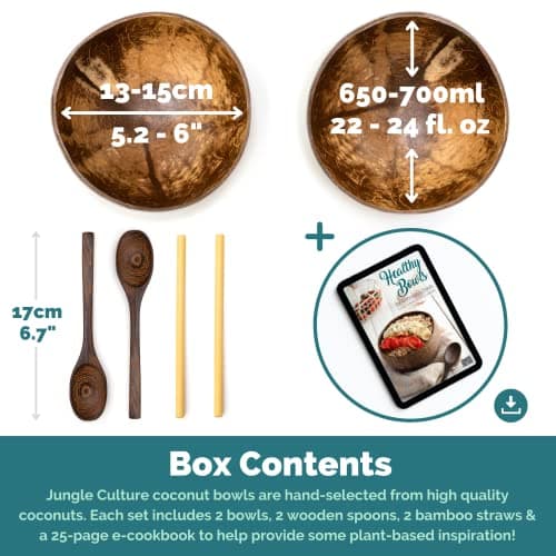 Jungle Culture 2 Polished Coconut Bowl & Wooden Spoons Set with Bamboo Straws • Natural Yoghurt & Smoothie Bowls Ideal for Ninja Creami • Healthy Coco Shell Buddha, Acai • Eco Friendly Vegan Gifts