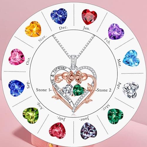 925 Sterling Silver Necklace, Gift Box Packaging, Anniversary Birthday Gifts for Women Her Wife Mom Grandma Iefil Rose Heart Double Birthstone Necklace, Gifts for Wife Her Women B0C1YY72HH