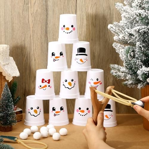 Leitee Christmas Party Games for Family Kids Adults Christmas Games with 24 Stacking Cup 2 Wooden Slingshot 2 Spare Slingshot Rubber Band 20 Felt Fake Snowball for Toss Carnival Parties Group Xmas Fun