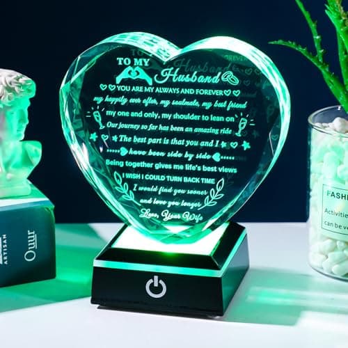 YWHL Gifts for Husband from Wife with Colorful LED Base Anniversary Birthday Gifts for Husband to My Husband Crystal Heart keepsake I Love You Gifts for Him on Valentine Christmas Fathers Day B0D86M2CG9