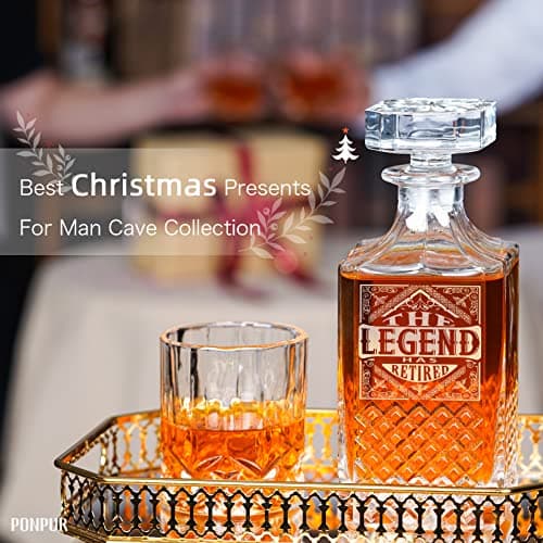 PONPUR The Legend Has Retired 2025 Retirement Gifts for Men Women Stocking Stuffers, Whiskey Decanter Gift Set with 2 Whisky Glasses, Best Christmas Birthday Presents for Dad Coworkers Teacher
