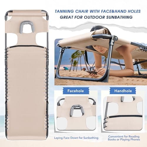 Flamaker Face Down Chaise Lounge Chair 5-Position Adjustable Sunbathing, Foldable Tanning Chair with Face& Arm Holes, Outdoor Recliner Chair for Pool, Beach, Patio, Lawn (Beige, 1 Pcs)