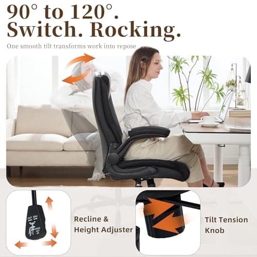 Office Chair, Executive Leather Office Chair with Lumbar Support & Flip-up Armrests, Ergonomic Adjustable High Back Swivel Chair with Rocking Function (Black)