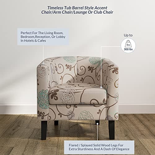 BELLEZE Living Room Chair, Linen Round Accent Barrel Chair, Club Tub Sofa Chair for Bedroom, Corner Chair with Flared Legs and Cozy Soft Padding - Highland (Floral Print)