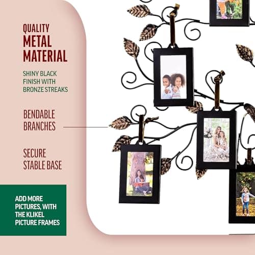Klikel Family Tree Picture Frame Display with 10 Hanging Picture Photo Frames | Large 20 x 18 Metal Tree | 10 Ornamental 2x3 Frames