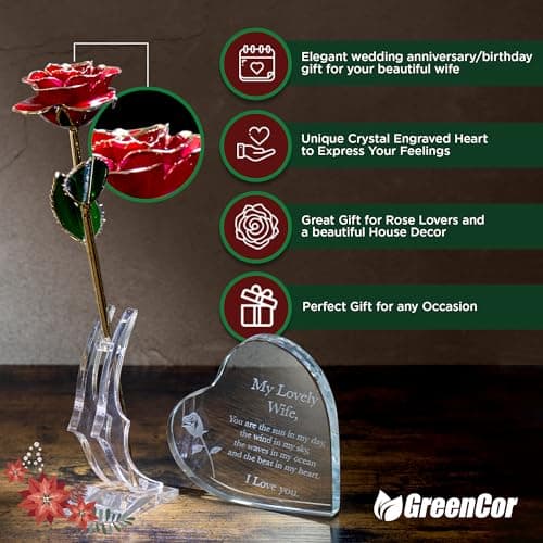 Anniversary for Wife Engraved Wooden Gift Set 'To My Beautiful Wife' Includes Crystal Engraved Heart 24K Gold Dipped Rose for Birthday Gifts