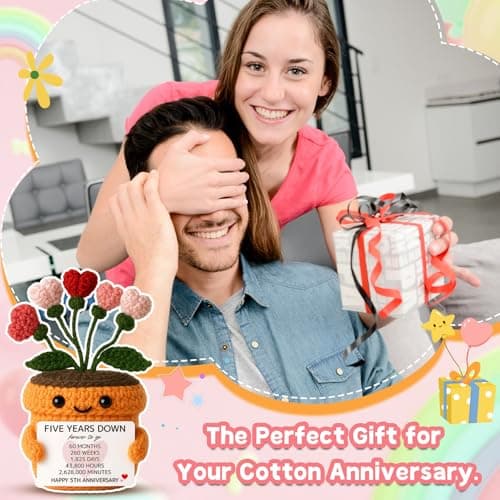 MAMAGIFTREE 5th Anniversary Wedding Gift for Couple - Handmade Crochet Heart Flower Plush with Romantic Message - Five Years Down Forever to Go Keepsake for Wife, Husband, Boyfriend, Girlfriend