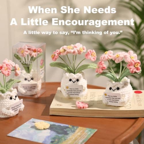 Christmas, Thank You & Encouragement Gifts for Women, Boss, Her, Friend, Sister & Bestie, Stocking Stuffers, 4.7 x 2.4 in Crochet Forget Me Not Flower Pot, Inspirational & Unique Gifts for Women B0GM8H2G47