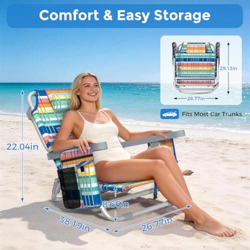 5-Position Backpack Beach Chair for Adults with Lumbar, Foldable Tall Heavy-Duty Beach Chairs with Cooler Bag,Cup Holder,Towel Rack for Beach, Camping, Outdoor (1, Rainbow)