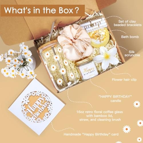 Birthday Gifts for Women, Teen Girl Gifts, Birthday Gifts for Her, Happy Bday Gift Box for Girl, Women, Sister, Daughter, Best Friend, Friendship, Cute Daisy Glass Cup Gifts Set 7PCS, 16oz, Beige