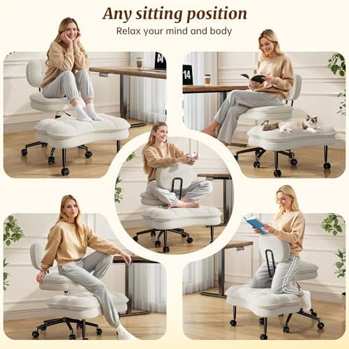DurayLoly Ergonomic Cross Legged Chair 360° Swivel Meditation Chair with Wheels, Height Adjustable Seat for ADHD, Strong Lumbar Support,Home Office Furniture, Teddy Fabric,White
