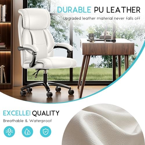 Ollega Reclining Office Chair, Executive Big and Tall Office Chair with Wide Seat, Recliner Leather High Back Computer Desk Chairs (White)