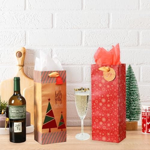 Nihuecne 16 Pack Christmas Wine Bags with Tags & Tissue Paper for Xmas Holiday Gift Wrap,8 Designs (5 x 13 x 4 In)