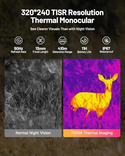 TOPDON TS004 Thermal Imaging Monocular, 320 x 240 TISR 256 x 192 IR Resolution, Supported Wireless Connection, 13mm 50Hz Thermal Night Vision with 11h Battery Life, IP67 Monocular for Hunting