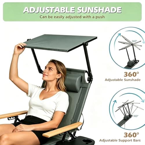 Folding Lounge Chair with Canopy, Tanning Chair with 4-Position Reclining Back, Folding Sun Lounger, Outdoor Lounge Chair for Beach, Poolside, Backyard, Camping, UPF 50+ Sun Shade, 300 LBS
