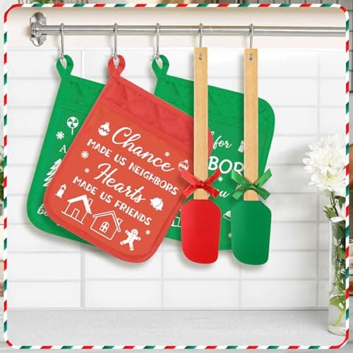 Maxdot 6 Pieces Christmas Neighbor Gifts Potholders with Pocket Silicone Spatula Kitchen Hot Pad Oven Mitts Hot Potholders Christmas Housewarming Kitchen Thank You Gift Cooking Baking for Neighbor
