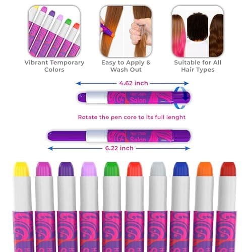 Desire Deluxe Hair Chalk for Girls Makeup Kit of 10 Temporary Colour Pens Gifts, Great Toy for Kids Age 5 6 7 8 9 10 11 12 13 Years Old, "Blue,Green,Grey,Pink,Purple