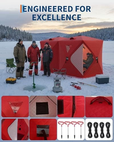 Garvee Insulated Pop-Up Ice Fishing Tent, 6-8 Person Portable Hub-Style Tent, Windproof Thermal Shanty with Hub Design, 420D 3-Layer Fabric for Winter Fishing