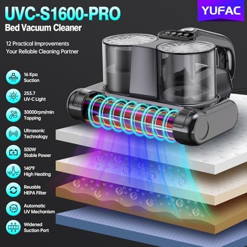 Mattress Vacuum Cleaner 5 in 1 Bed Vacuum Cleaner with 16Kpa Suction 253.7nm UV-C Light, HEPA Filtration, Ultrasonic, High Heating, 30000Rpm/Min Rotation , Replacement Filter Included, 500W, Corded