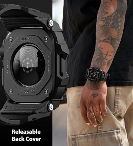 ULTIMAL Rugged Case with Band for Apple Watch 44mm,Compatible with Apple Watch Series SE 3/SE 2/SE Generation/6/5/4, Military Grade Shockproof Bumper Cover for iWatch Tactical Band Men (Black, 44mm)