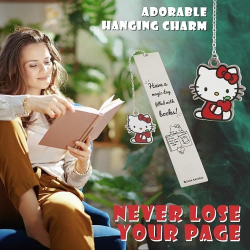 Hello Kitty Metal Bookmark with Hanging Charm Page Marker for Girls Teens Readers Book Accessories for Office Supplies and Book Lovers Gifts for Women