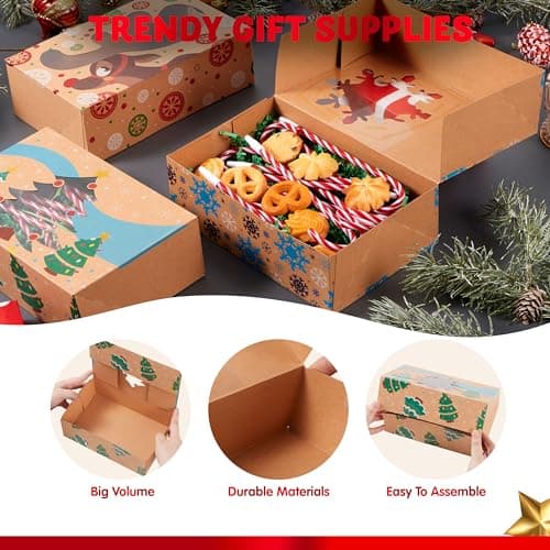 JOYIN 12PCS Christmas Cookie Boxes for Gift Giving, 8.75" x 5.75" x 2.75" Xmas Holiday Treat Cookie Tin with Window, 3 Designs Brown Foiled Kraft Bakery Box for Pastries, Cupcakes, Brownies, Doughnut