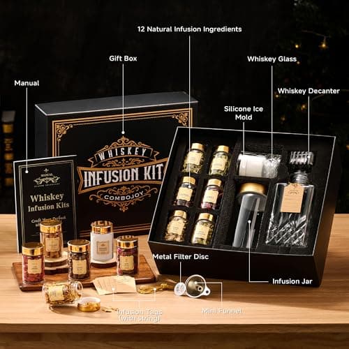 Whiskey Infusion Kit Gifts for Men – 12 Natural Ingredients, Decanter, Infusion Jar, Glass, Ice Mold – DIY Whiskey, Bourbon, Rum & Cocktail Infusion Set for Him, Dad, Husband