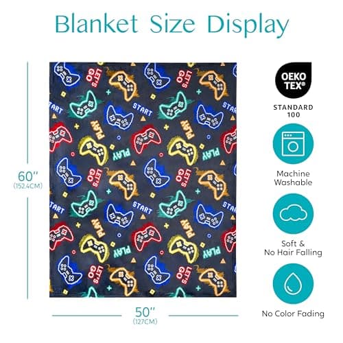 Joiedomi Glow in The Dark Gaming Blanket Gamer Gifts for Boys Age 2 3 4 5 6 7 8 9 10 11 12 Year Old, Soft Cozy Flannel Kids Throw Blanket, Birthday Bedroom Decor Grey 50"×60"