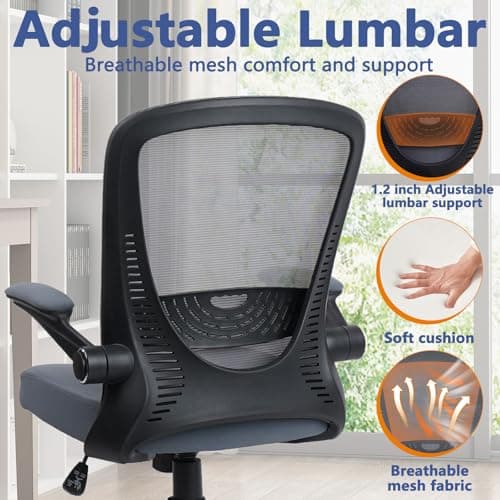 CLATINA Desk Chairs with Wheels, Flip Up Arms Ergonomic Mesh Back Office Chair with Lumbar Support, Adjustable Height Swivel Rolling Computer Task Chairs for School Conference Room Home Study, Grey