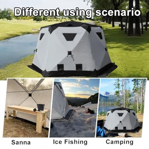 8-12Person Ice Fishing Tent with Stove Jack and Floor Portable ICES Fishings Shelter 210D Insulated Layer Oxford Cloth Hexagon Shanty Pop-Up Fish Tent for Winter Camping Fishing
