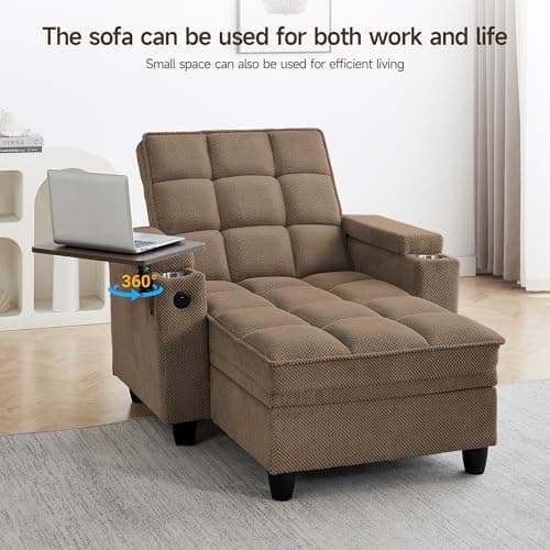 41.7" Oversized Chaise Lounge Chair Indoor, Boucle Upholstered Sofa Bed with Adjustable Backrest, Deep Seat Reading Chair, Sofas Couches for Living Room, Storage, Cup Holders & 360° Swivel Side Table