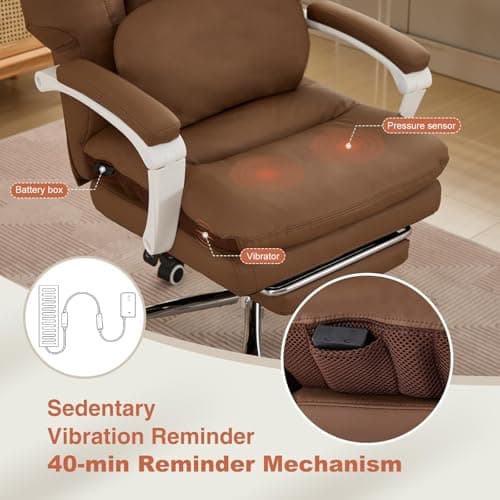Ergonomic Office Chair for Big and Tall with Lumbar Support,Brown PU Leather High Back Executive Chair with Sedentary Vibration Reminder,Foot Rest,Reclining Function for Long Hours of Home Office